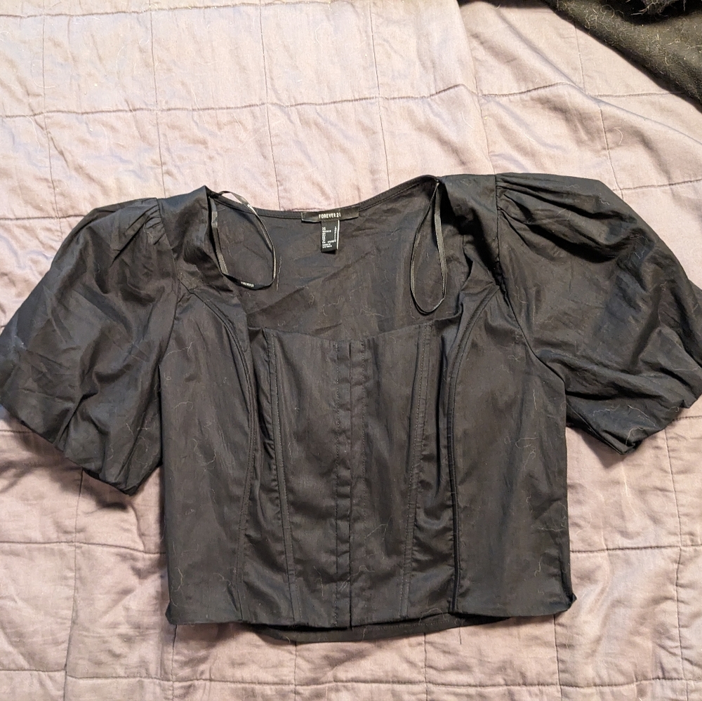 Forever 21 Black Puff Sleeve Crop Blouse